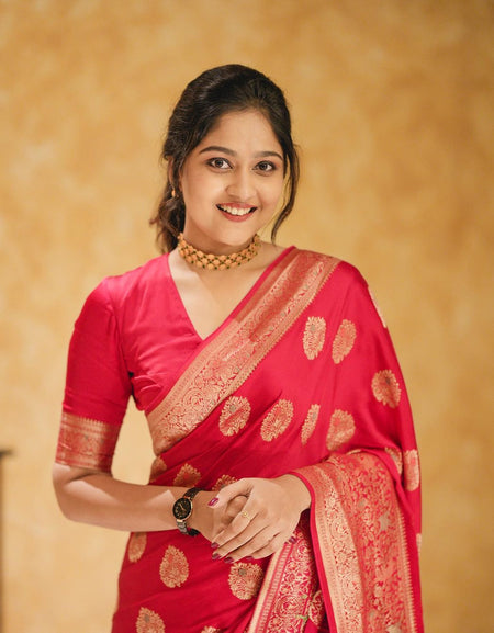 A glam Red Soft Silk Saree With Classic Blouse Piece