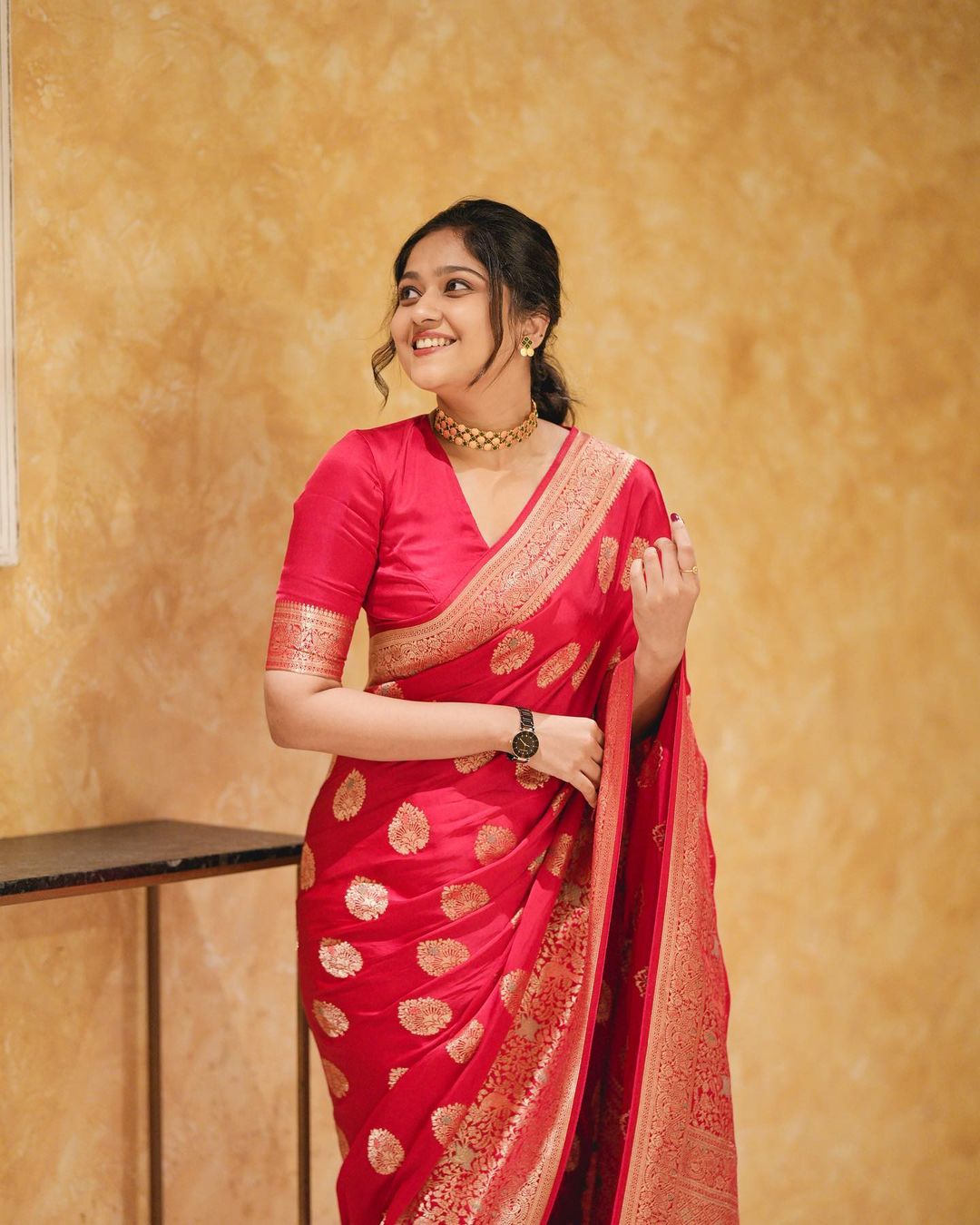 A glam Red Soft Silk Saree With Classic Blouse Piece