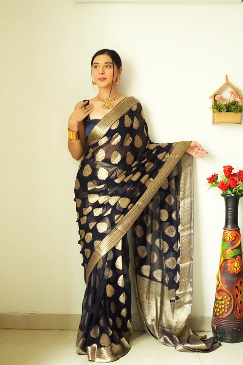 Load image into Gallery viewer, Tempting 1-Minute Ready To Wear Black Soft Silk Saree
