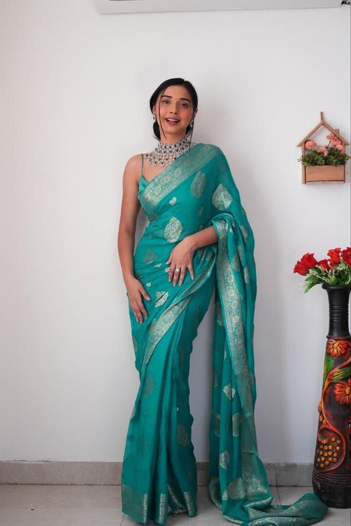Load image into Gallery viewer, Trendy 1-Minute Ready To Wear Sea Green Soft Silk Saree
