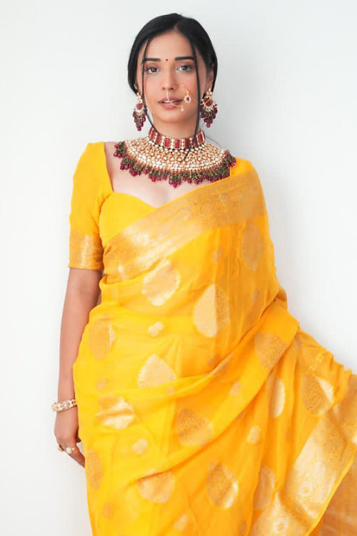Load image into Gallery viewer, Classy 1-Minute Ready To Wear Yellow Cotton Silk Saree
