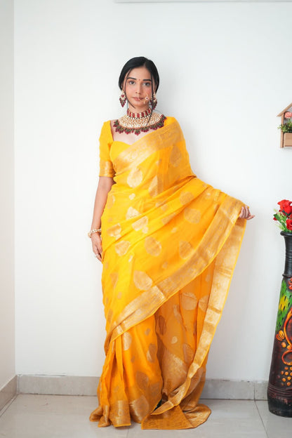 Classy 1-Minute Ready To Wear Yellow Cotton Silk Saree