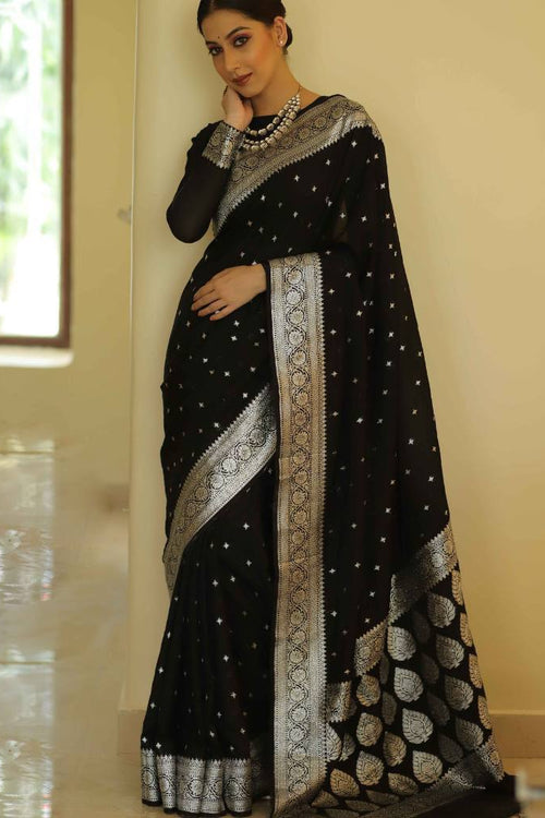 Load image into Gallery viewer, Precious Black Cotton Silk Saree With Sizzling Blouse Piece
