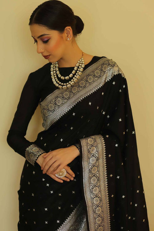 Load image into Gallery viewer, Precious Black Cotton Silk Saree With Sizzling Blouse Piece
