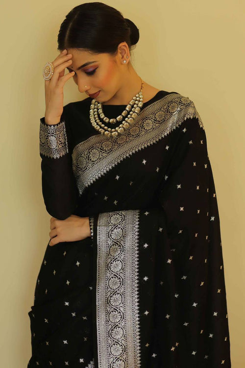 Load image into Gallery viewer, Precious Black Cotton Silk Saree With Sizzling Blouse Piece
