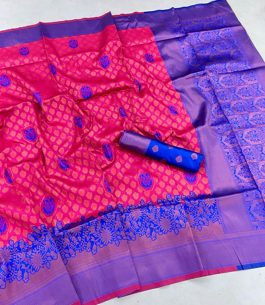 Breathtaking Dark Pink Soft Banarasi Silk Saree With Fairytale Blouse Piece