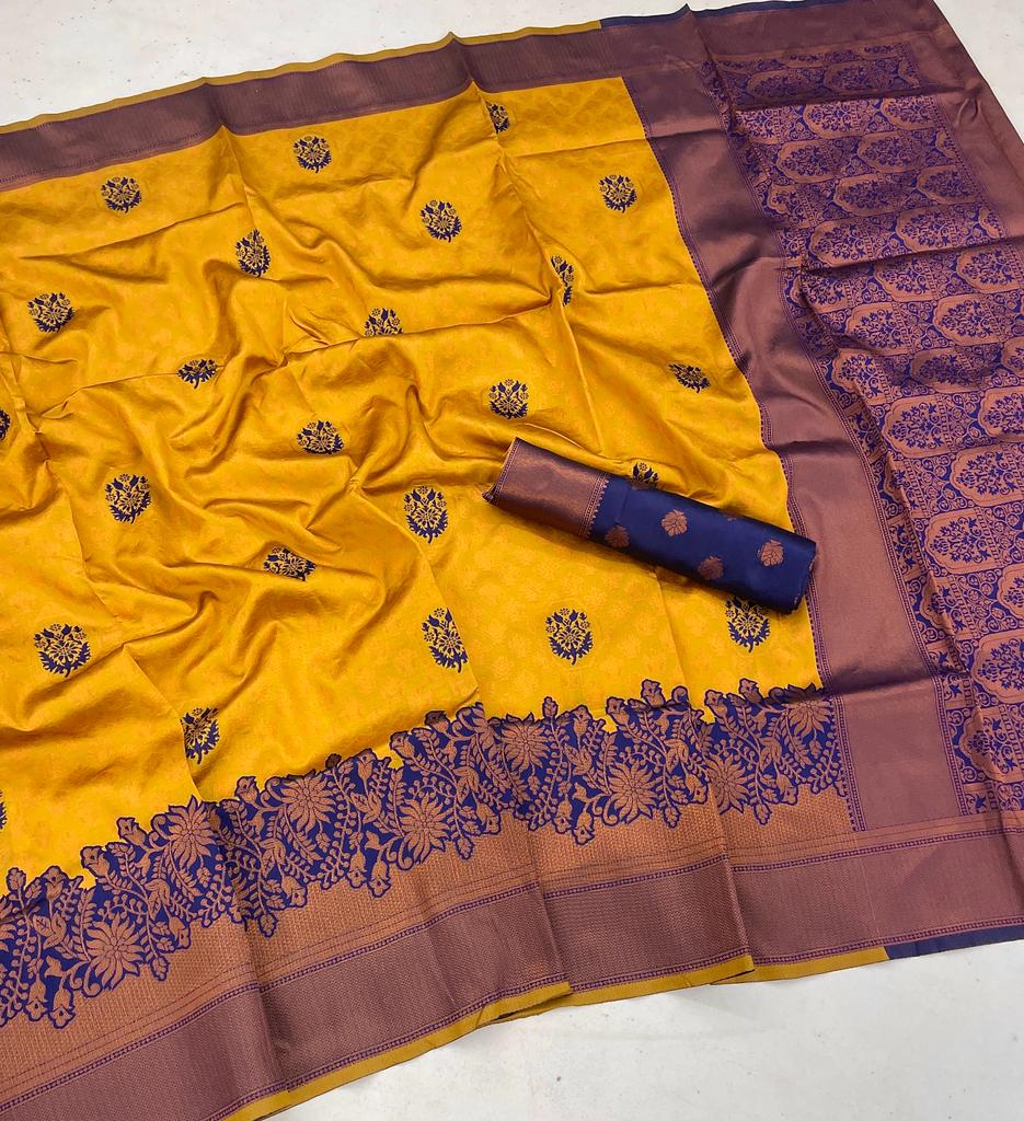 Blissful Mustard Soft Banarasi Silk Saree With Blissful Blouse Piece