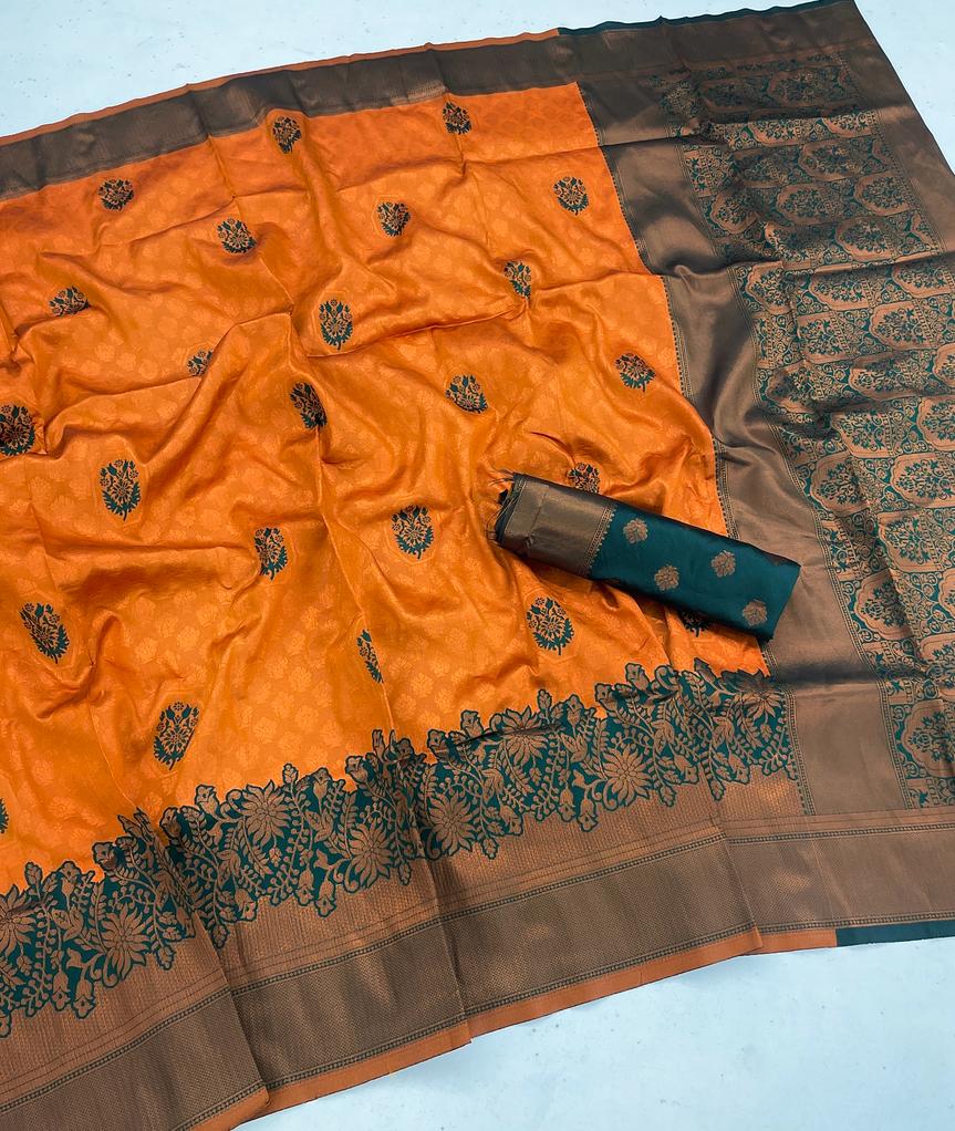 Entrancing Orange Soft Banarasi Silk Saree With Surpassing Blouse Piece