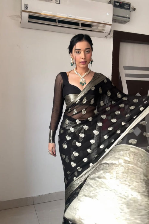 Load image into Gallery viewer, Most Stunning 1-Minute Ready To Wear Black Cotton Silk Saree
