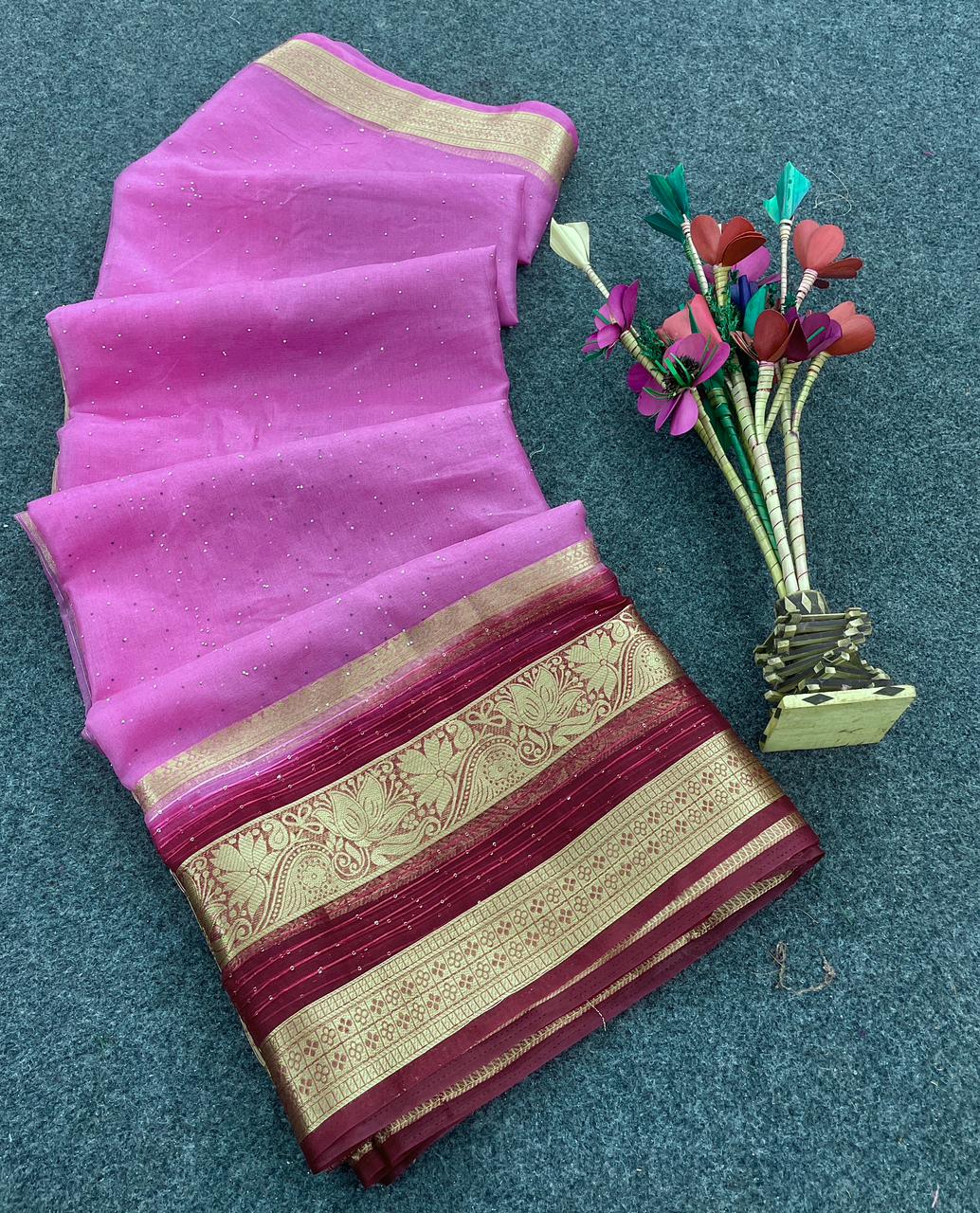 Exquisite Dark Pink Organza Silk Saree With Scintillating Blouse Piece