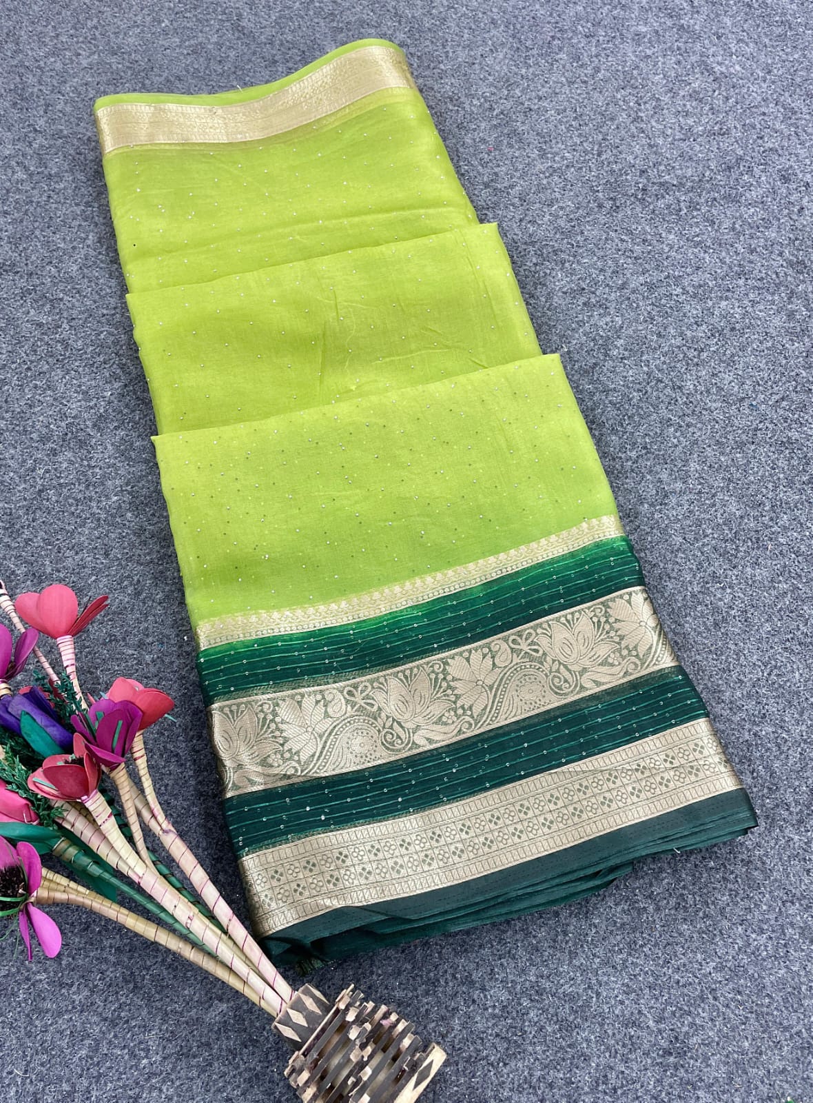 Pulsating Parrot Organza Silk Saree With Exquisite Blouse Piece