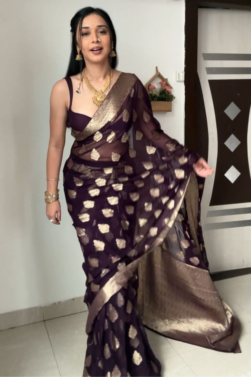 Load image into Gallery viewer, Whimsical 1-Minute Ready To Wear Dark Purple Cotton Silk Saree
