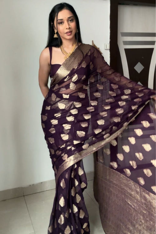 Load image into Gallery viewer, Whimsical 1-Minute Ready To Wear Dark Purple Cotton Silk Saree
