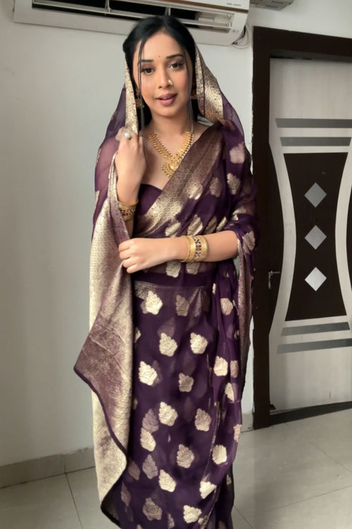 Load image into Gallery viewer, Whimsical 1-Minute Ready To Wear Dark Purple Cotton Silk Saree
