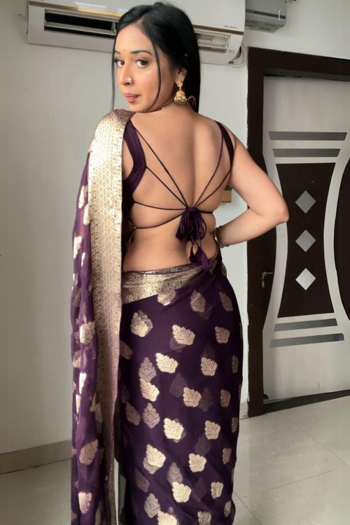 Load image into Gallery viewer, Whimsical 1-Minute Ready To Wear Dark Purple Cotton Silk Saree
