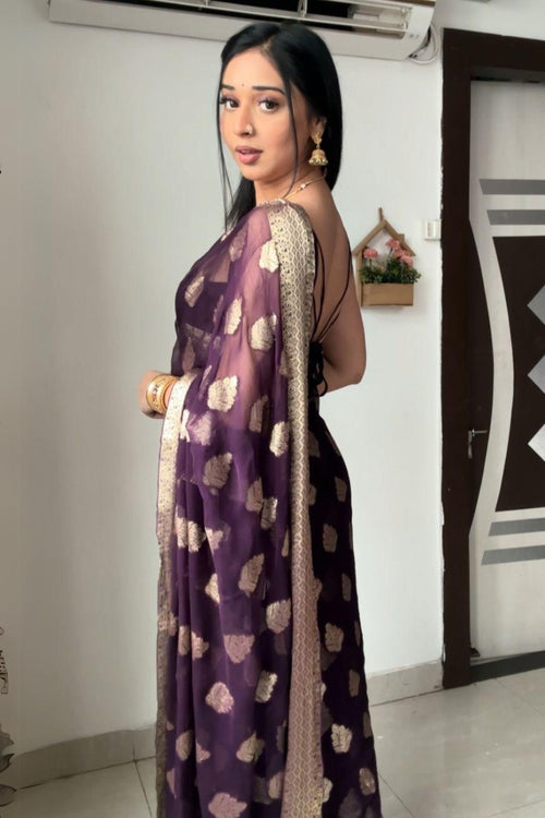 Load image into Gallery viewer, Whimsical 1-Minute Ready To Wear Dark Purple Cotton Silk Saree
