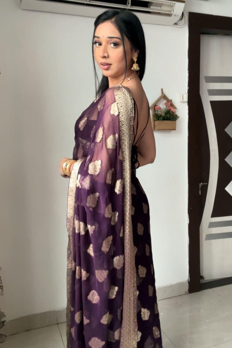 Whimsical 1-Minute Ready To Wear Dark Purple Cotton Silk Saree