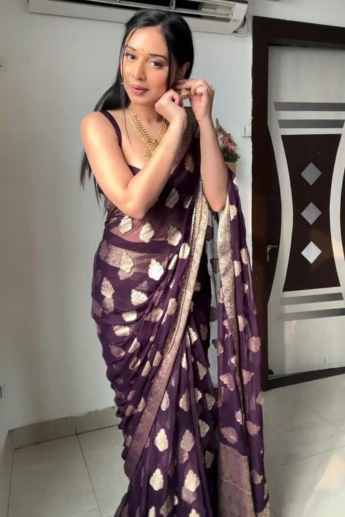 Load image into Gallery viewer, Whimsical 1-Minute Ready To Wear Dark Purple Cotton Silk Saree
