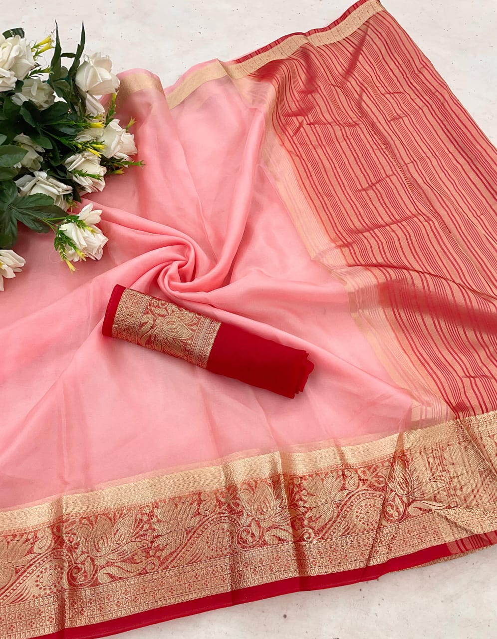 Majesty Pink Orgenza Silk Saree With Glorious Blouse Piece