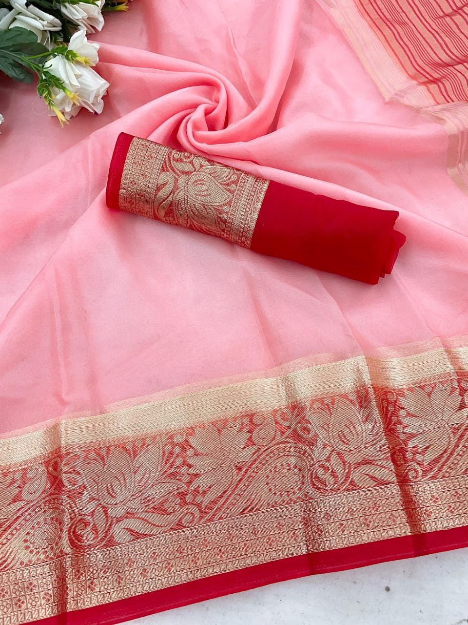 Majesty Pink Orgenza Silk Saree With Glorious Blouse Piece