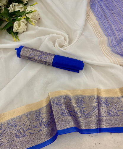 Effervescent White and Blue Orgenza Silk Saree With Palimpsest Blouse Piece