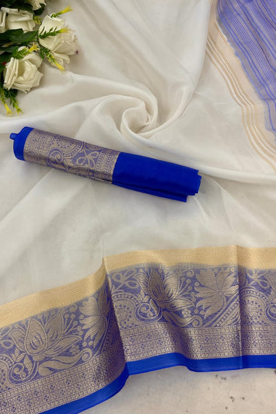 Effervescent White and Blue Orgenza Silk Saree With Palimpsest Blouse Piece