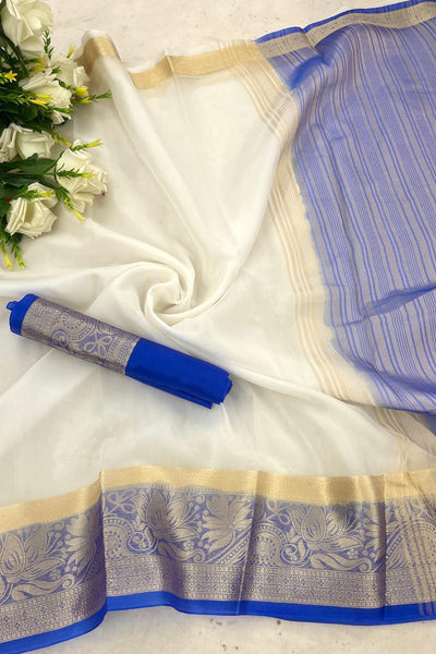Effervescent White and Blue Orgenza Silk Saree With Palimpsest Blouse Piece