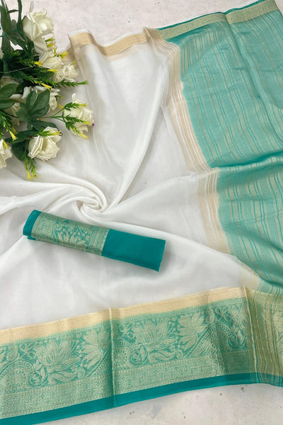 Gratifying White and Firozi Orgenza Silk Saree With Fantabulous Blouse Piece