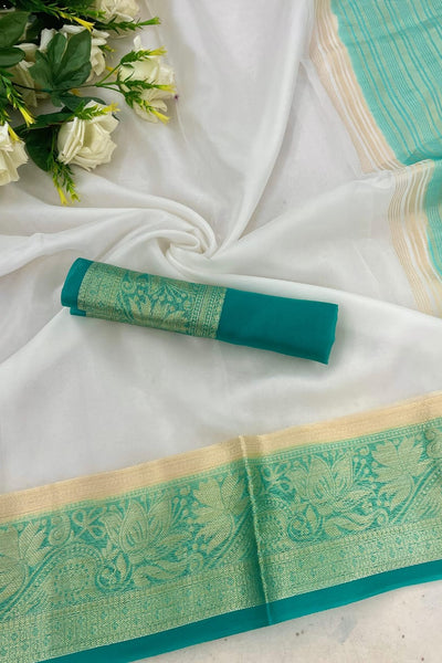 Gratifying White and Firozi Orgenza Silk Saree With Fantabulous Blouse Piece