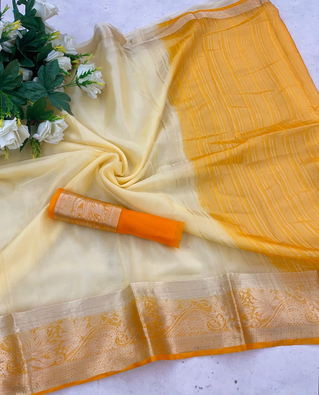 Incomparable White and Orange Orgenza Silk Saree With Fragrant Blouse Piece