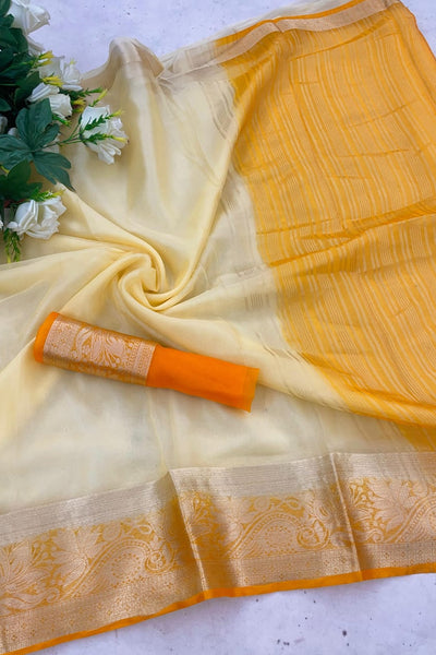Incomparable White and Orange Orgenza Silk Saree With Fragrant Blouse Piece