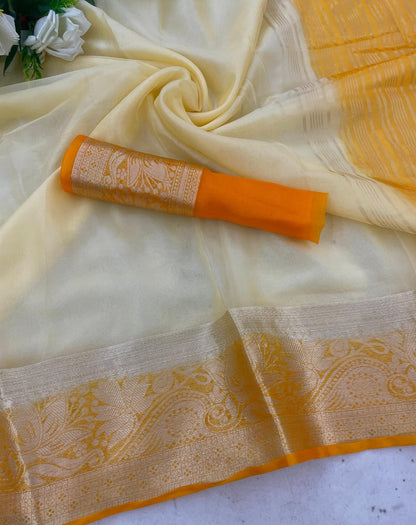 Incomparable White and Orange Orgenza Silk Saree With Fragrant Blouse Piece