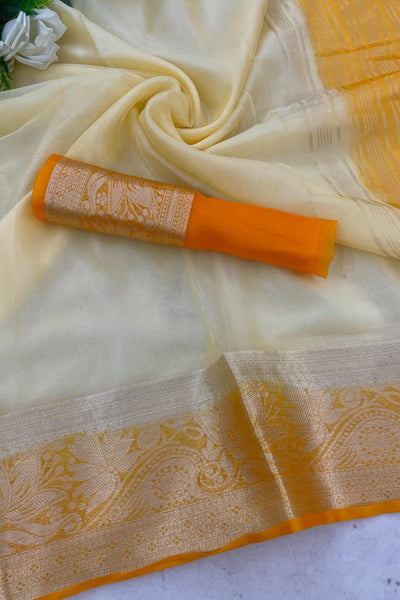 Incomparable White and Orange Orgenza Silk Saree With Fragrant Blouse Piece