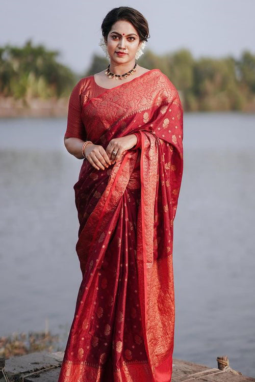 Load image into Gallery viewer, Mellifluous Red Soft Silk Saree With Elision Blouse Piece
