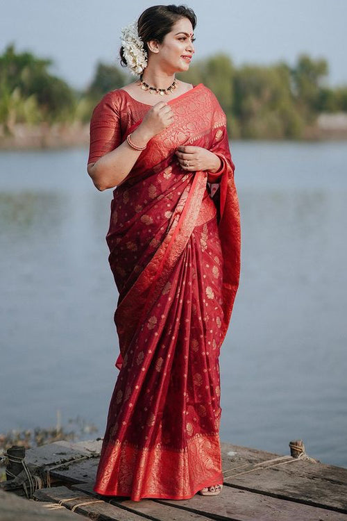 Load image into Gallery viewer, Mellifluous Red Soft Silk Saree With Elision Blouse Piece
