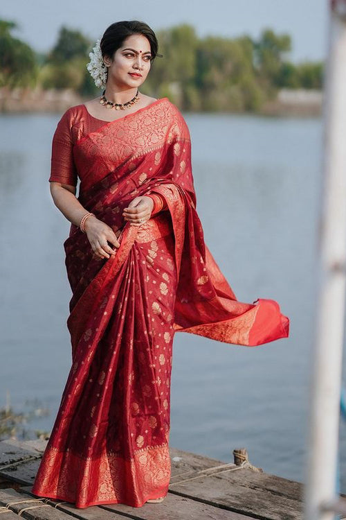 Load image into Gallery viewer, Mellifluous Red Soft Silk Saree With Elision Blouse Piece
