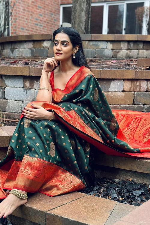 Load image into Gallery viewer, Magnificat Dark Green Soft Silk Saree With Effulgent Blouse Piece
