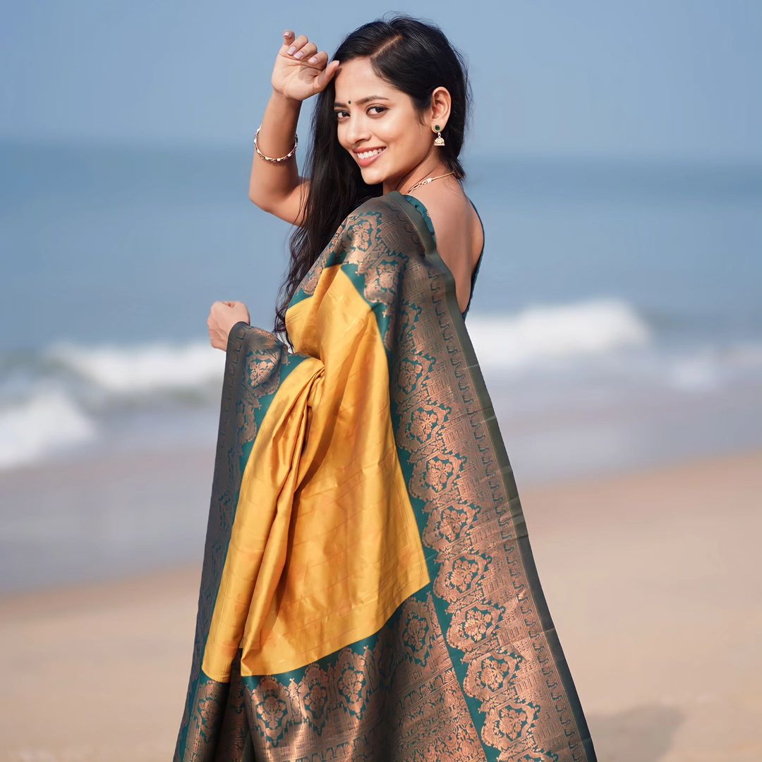 Smashing Yellow Soft Silk Saree With Enthralling Blouse Piece