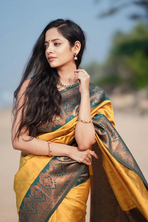 Load image into Gallery viewer, Smashing Yellow Soft Silk Saree With Enthralling Blouse Piece
