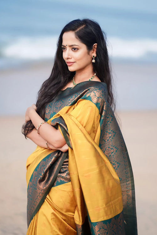 Load image into Gallery viewer, Smashing Yellow Soft Silk Saree With Enthralling Blouse Piece
