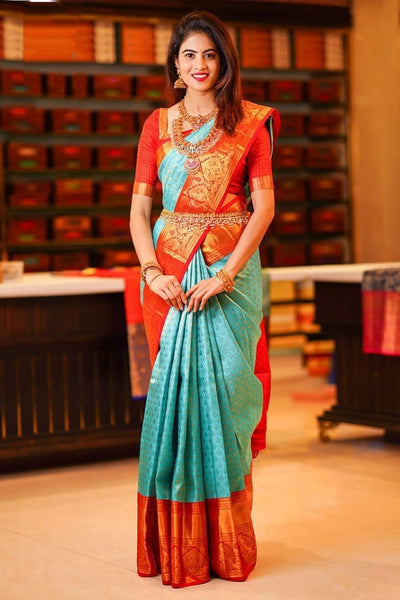 Blissful Turquoise Soft Silk Saree with Ethnic Blouse Piece