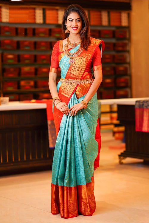 Load image into Gallery viewer, Blissful Turquoise Soft Silk Saree with Ethnic Blouse Piece
