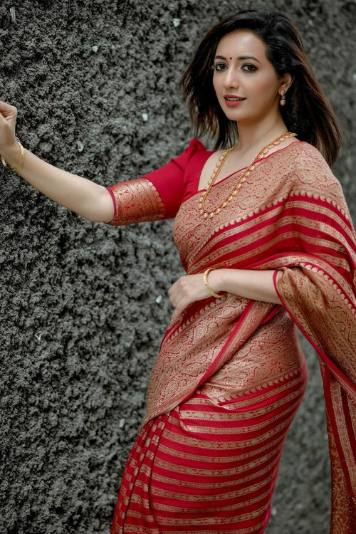 Load image into Gallery viewer, Stylish Red Soft Silk Saree With Blooming Blouse Piece
