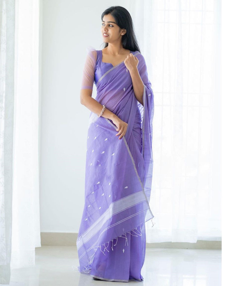 Magnetic Lavendor Cotton Silk Saree With Woebegone Blouse Piece