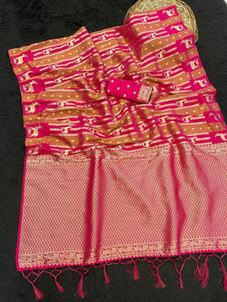 Scrupulous Dark Pink Banarasi Tissue Silk Saree With Impressive Blouse Piece