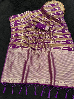 Incredible Purple Banarasi Tissue Silk Saree With Snappy Blouse Piece