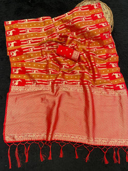 Inimitable Red Banarasi Tissue Silk Saree With Epiphany Blouse Piece