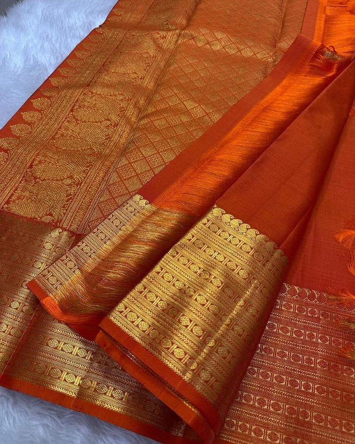 Preferable Orange Soft Silk Saree With Stunner Blouse Piece