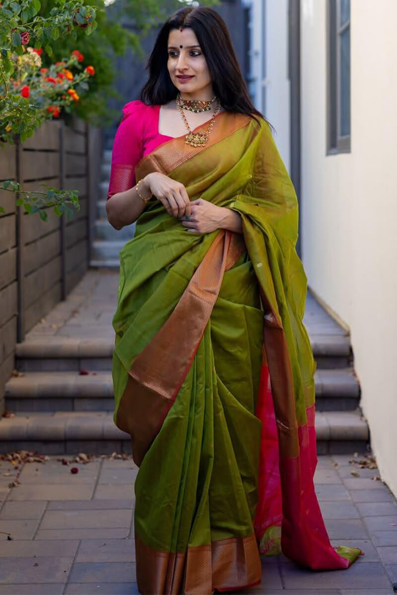 Sizzling Green Soft Silk Saree With Glowing Blouse Piece