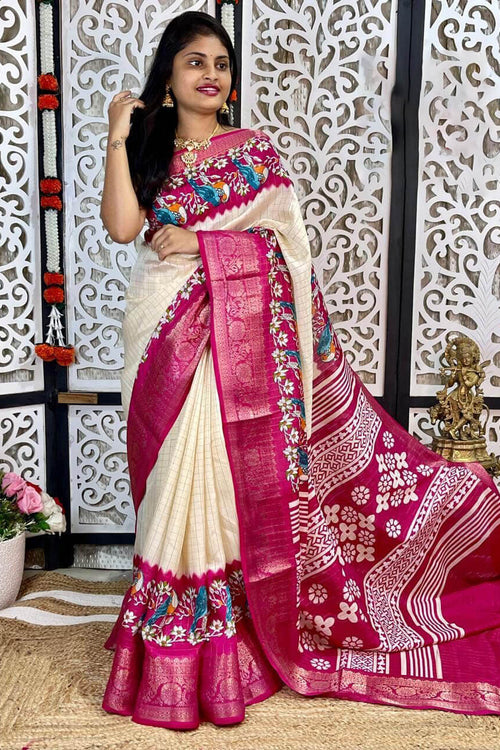 Load image into Gallery viewer, Gossamer Beige Digital Printed Dola Silk Saree With Demesne Blouse Piece
